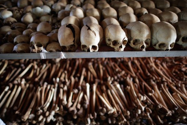 NTARAMA, RWANDA - APRIL 04: Showing signs of extreme trauma, victims' skeletal remains are displayed on metal racks inside the Ntarama Catholic Church genocide memorial ahead of the 20th anniversary of the country's genocide April 4, 2014 in Nyamata, Rwanda. Attackers used grenades to blast their way inside the church on April 14 and 15, 1994 where 5,000 people had taken refuge, killing men, women and children. The church was turned into a memorial site and contains the remains, the majority of them Tutsi, of those who were massacred inside the church itself. (Photo by Chip Somodevilla/Getty Images) ORG XMIT: 482982925