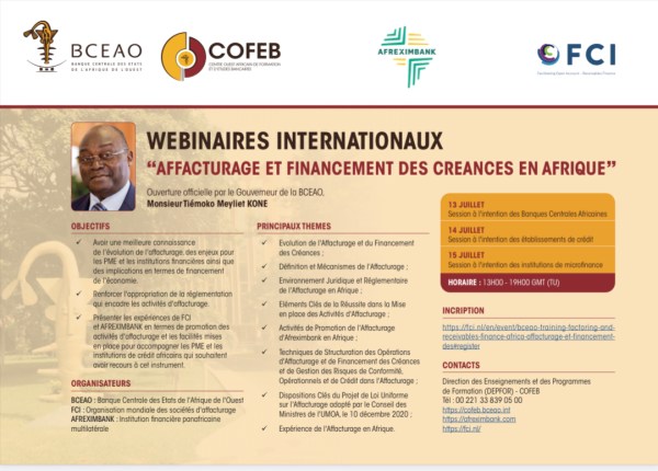 La BCEAO, le COFEB, AFREXIMBANK et FCI, organisent à l&rsquo;échelle africaine trois (3) webinaires, sur le thème « Affacturage et financement des créances »