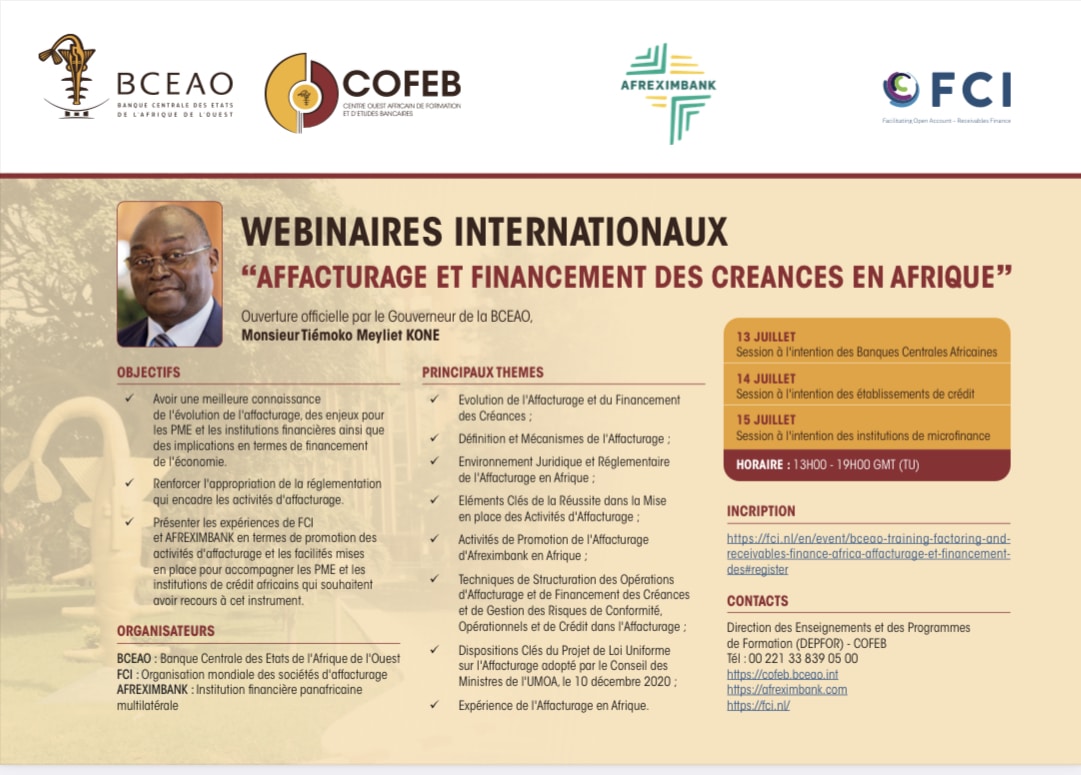 La BCEAO, le COFEB, AFREXIMBANK et FCI, organisent à l’échelle africaine trois (3) webinaires, sur le thème « Affacturage et financement des créances »Yes