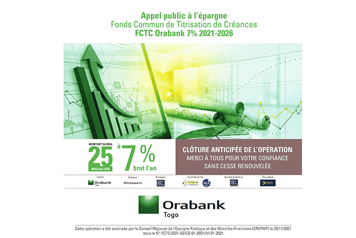 Orabank Togo annonce le succès de son opération de titrisation de créances sur le marché financier régional