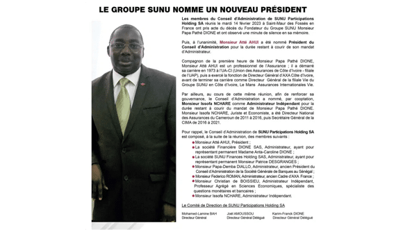 Suite au décès de son fondateur, le Groupe Sunu réaménage son conseil d’administration 