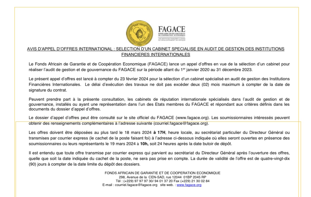 Avis d’appel d’offres international : sélection d’un cabinet spécialisé en audit de gestion des institutions financières internationales
