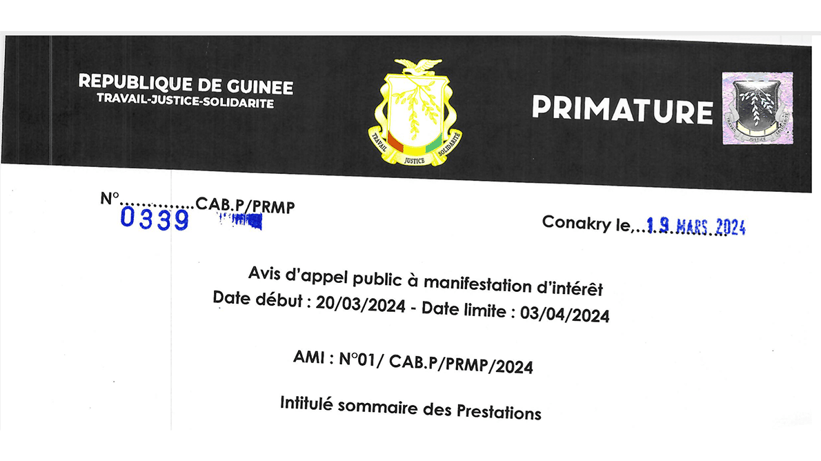 Avis d&rsquo;appel public à manifestation d&rsquo;intérêt de la Primature de la République de Guinée