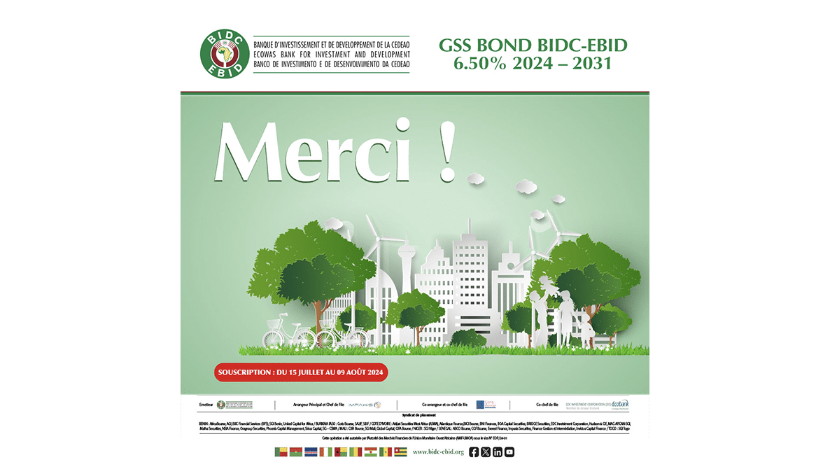 Clôture avec sursouscription du premier emprunt obligataire vert et durable (« GSS Bond » ou « Green, Social and Sustainability Bond ») par Appel Public à l’Epargne en zone UEMOA de 70 milliards FCFA sur 7 ans avec un coupon de 6,5%.