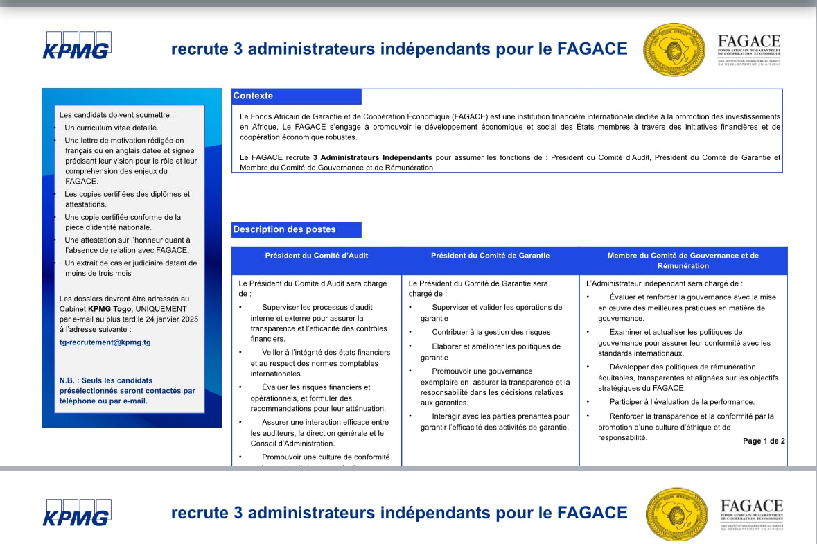 KPMG recrute 3 administrateurs indépendants pour le FAGACE
